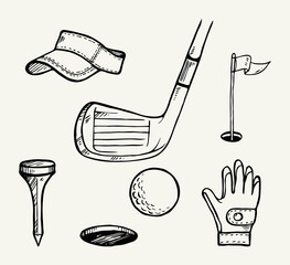 Golf set with basket, shoes, ball, gloves, flag. Vector set of hand-drawn sports equipment. Illustration in sketch style on white background © halimqdn