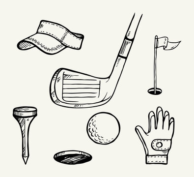 Golf Set With Basket, Shoes, Ball, Gloves, Flag. Vector Set Of Hand-drawn Sports Equipment. Illustration In Sketch Style On White Background