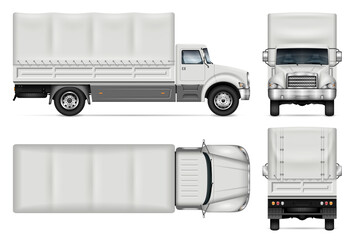 Truck with awning vector mockup on white for vehicle branding, corporate identity. View from side, front, back, top. All elements in the groups on separate layers for easy editing and recolor.