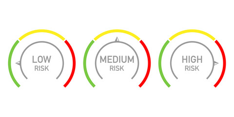 Risk management measure meter icon set. Three risk indicators signs. Vector illustration. 