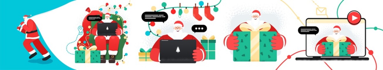 Set of Santa Claus character design with gifts and garlands. Santa working with laptop. Takes orders, greeting online, checks mail,  teaches, works or Answering on children's requests via laptop.