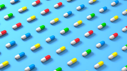 Colored pills and capsules on a blue background. 3d render