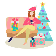 A girl in a Santa hat is sitting on the couch at home and watching a smartphone. The Christmas tree is decorated with stars. There are gifts on the floor and sofa. Vector illustration in flat style.