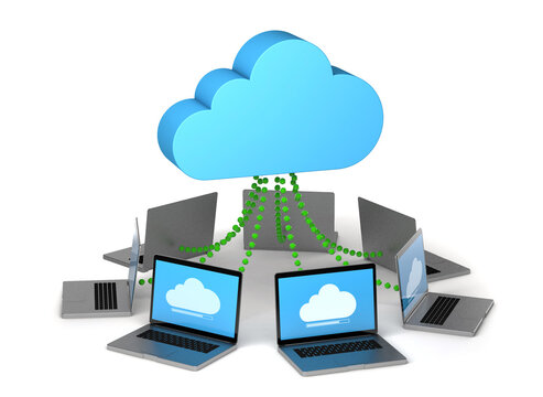 Cloud storage. Synchronization of information between work computers and devices. isolated on white background. isolated on white background. 3d render