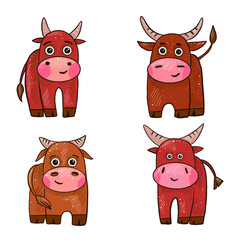 Bull vector sticker set for the new year. Bison or buffalo Symbols of the year. Different animal poses according to the Chinese calendar