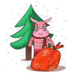 New Year card with a bull and a bag of gifts at the Christmas tree. Congratulations to the holiday, joyful drawn bull