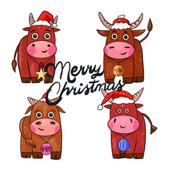 Set of vector stickers for the new year. Symbol of the year bull or bison, buffalo. Different animal poses according to the Chinese calendar