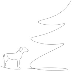 Christmas background with tree and dog. Vector illustration