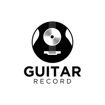 Vinyl record and electric guitar logo template. Guitar music disc vector design. Gramophone vinyl record logotype