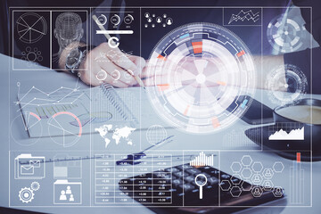 Writing Man hands with data theme multi exposure icons.