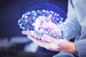 Brain multi exposure icon with man hands background.