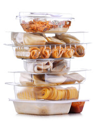 A variety of prepackaged food products in plastic boxes