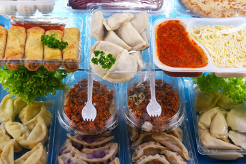 A variety of prepackaged food products in plastic boxes