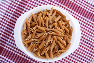 Whole wheat pasta uncooked, top view