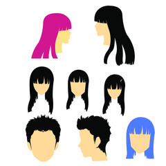 Flat vector set of women and man s heads. Elements for the poster of a hairdressing salon.