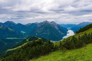 Obraz premium Beautiful alpine far view of the Achensee at the famous Rofan summit, Maurach, Achensee, Pertisau, Tyrol, Austria