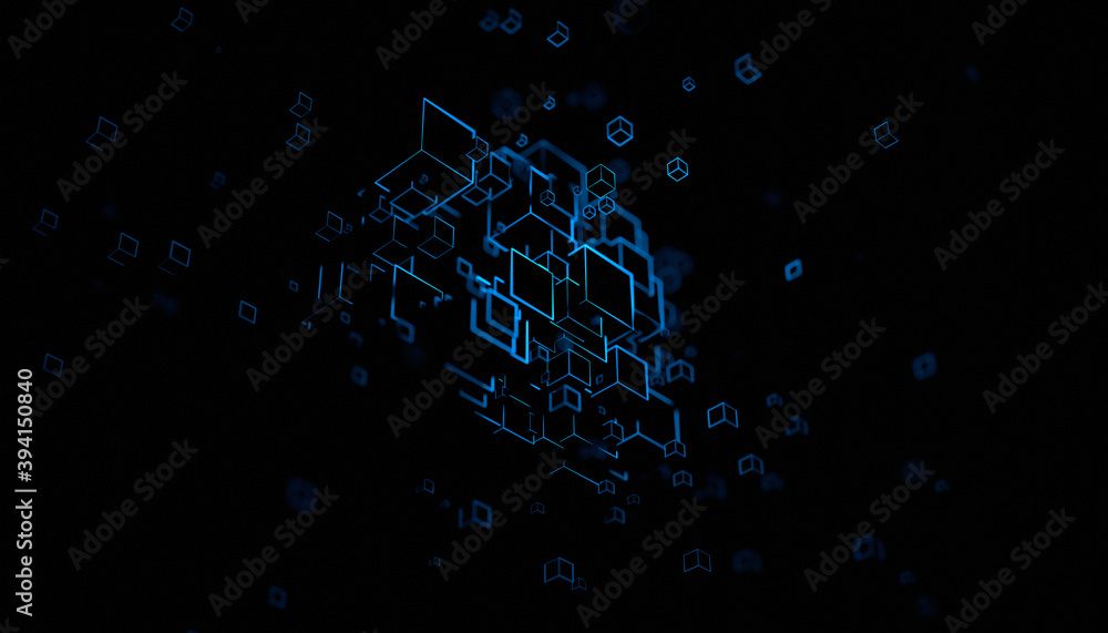 Poster abstract 3d render, dark background design with cubes