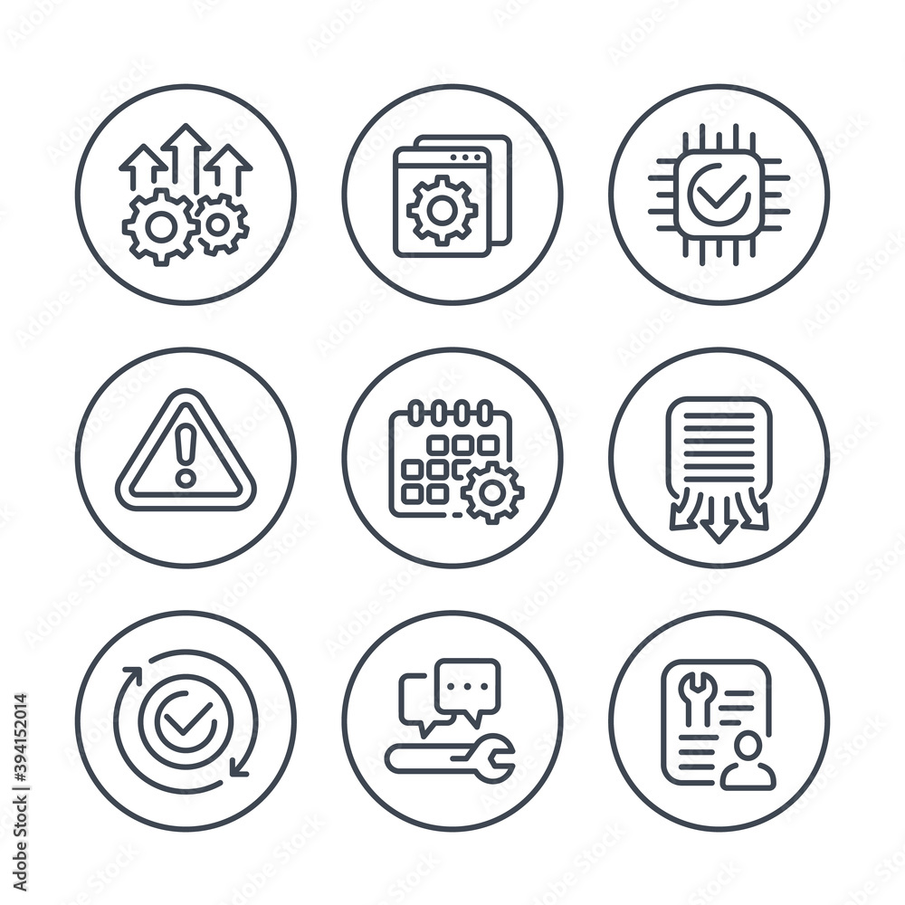 Poster development, hardware, service and protocols line icons set
