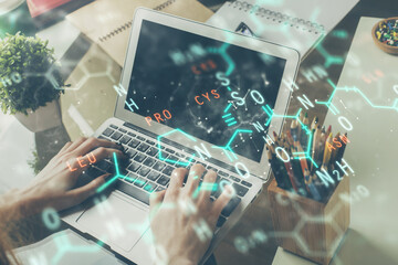 Fototapeta premium Science formula hologram with man working on computer on background. Education concept. Double exposure.
