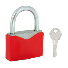 Steel padlock in red decoration with key on white background
