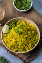 Close up of typical Indian breakfast poha with use of selective focus. 