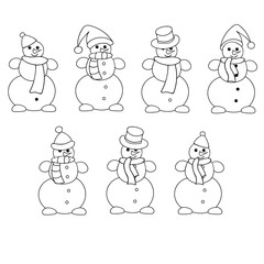 Cartoon snowman set. Vector snowmen in hats and scarf collection.