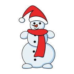 Vector cartoon snowman. Hand drawn snowman in red hat and scarf.