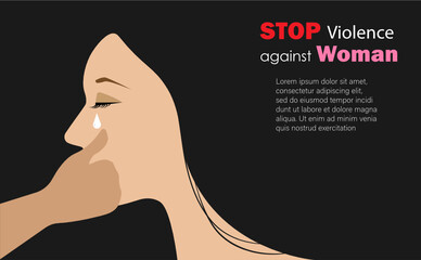Crying woman with helping hand wiping her tears. Stop violence against woman, sexual harrasment, social bullying and domestic abuse concept. Idea for banner template or website poster. Vector.
