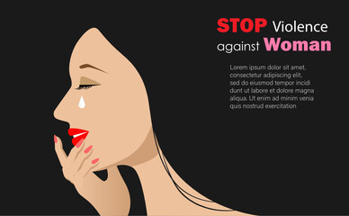 Woman crying and wiping her tears. Stop violence against woman, sexual harrasment, social bullying and domestic abuse concept. Idea for banner template or website poster. Vector.