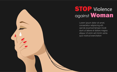 Woman crying with tears and hand covering her mouth. Stop violence against woman, sexual harrasment, social bullying and domestic abuse concept. Idea for banner template or website poster. Vector.