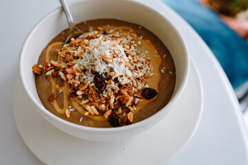 Healthy breakfast. Fresh granola muesli with yogurt Bowl of muesli