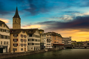 Naklejka premium Limmat river in Zurich. Summer evening. Switzerland.