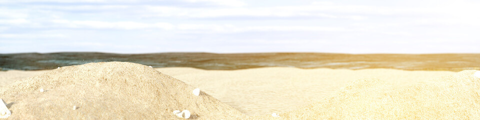 beach background banner sand with shell rock bokeh, copy space