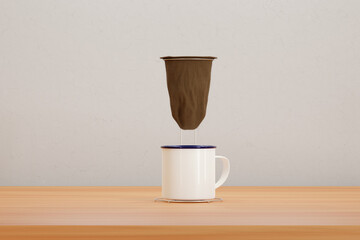 Kit of Enameled mug and strainer, traditional from Brazil (Caneca Mineira) over a wooden table. Normally used to prepare strained coffee. 3D illustration of kitchenware and cultural objects.