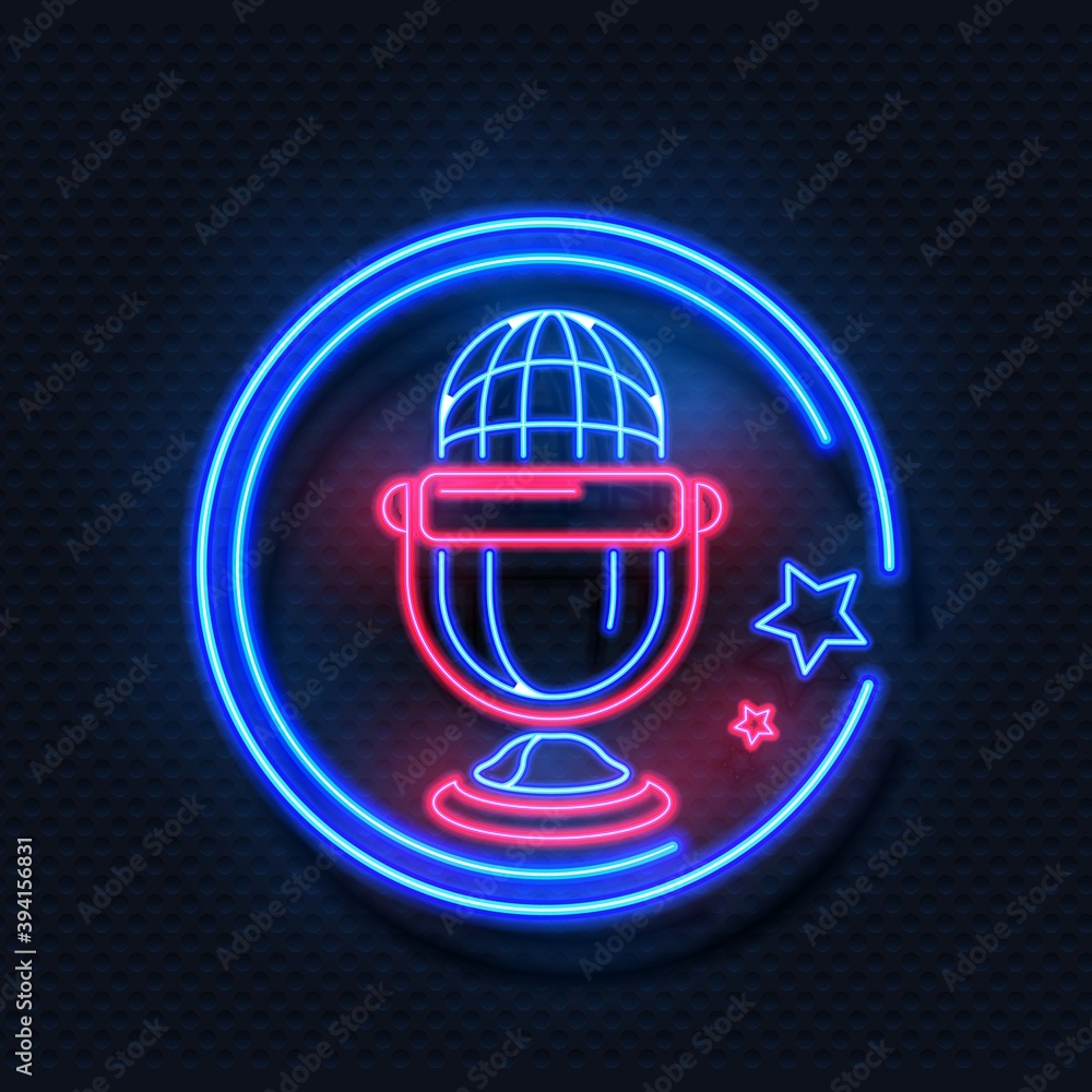 Aufkleber neon microphone. realistic light round frame and voice recorder symbol with stars. radio or audio st