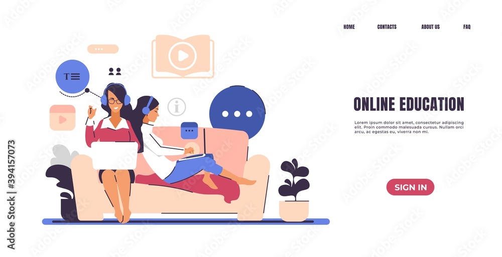 Aufkleber Online teaching landing page. Web courses and self-education concept. Website interface for distance studying at school or university with buttons, header and text. Vector homepage template design