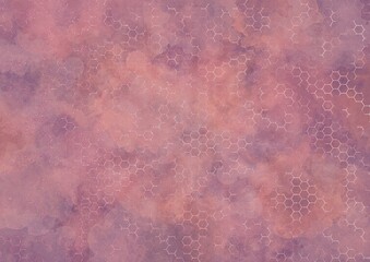 Abstract pink-lilac background with watercolor stains and a hexagonal shiny pattern.
