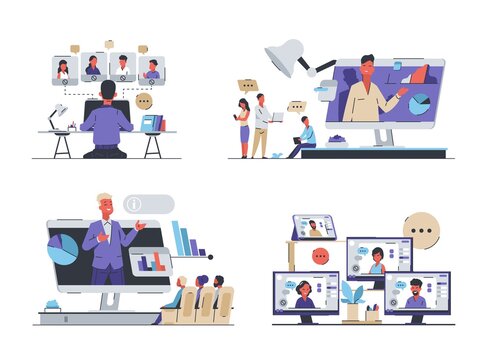 Online conference. Business meeting and video call with friends. Freelance or work in office. Human remote communication, smart technology to education and connection. Vector web chatting isolated set