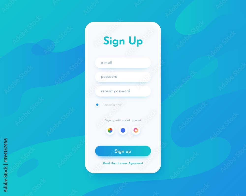 Poster Sign up screen. Mobile application UI for registration with login and password fields and buttons. Website interface for account access. Smartphone web page template. Vector internet profile mockup