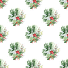 Christmas floral seamless pattern with decorations of winter branches, leaves and berries. Holiday watercolor illustration for wrapping paper, textile or wallpapers.