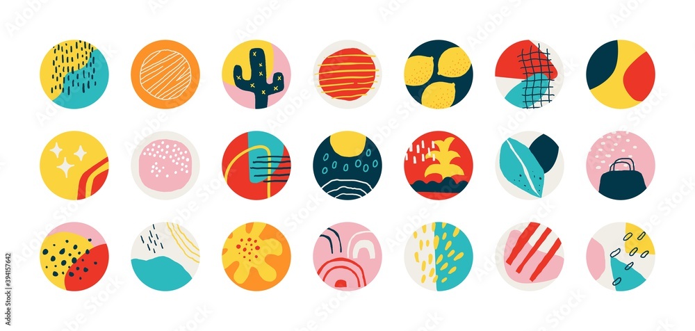 Poster highlight cover. contemporary abstract shapes, doodle hand drawn objects for social media content. m