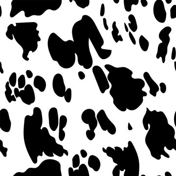 Cow pattern. Seamless texture with domestic animal skin imitation effect. Black spots on white background. Animalistic print for textile and daily products package template. Vector cowhide leather