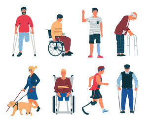 Disabled persons. Cartoon people with disabilities, in wheelchair, with cane, plaster and crutches. Men and women with limb injuries, blindness or old. Physical therapy and medical care, vector set