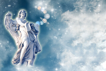 Fototapeta na wymiar angel archangel with planets over divine sky like Universe love and spiritual and religious concept