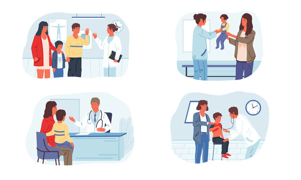 Pediatrician. Cartoon Mother With Children At Doctors Appointment. Medical Consultation And Examination. Family Clinic Advertising Template, Treatment And Medicine Service. Vector Healthcare Scene Set