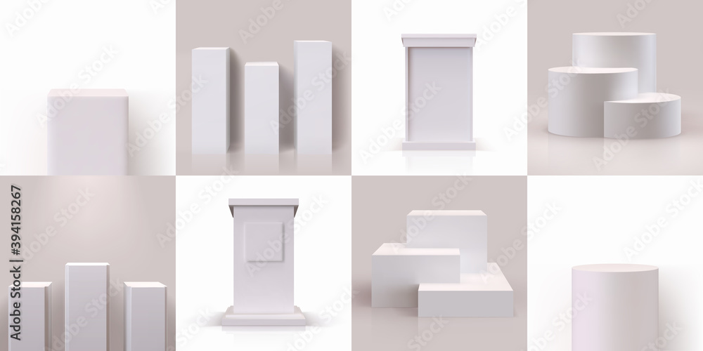 Poster White pedestal. Realistic pillar stand or empty 3D block podium stage for gallery. Blank rectangle shape and cylinder. Collection geometric tribunes, platforms for museum exhibit. Vector template set