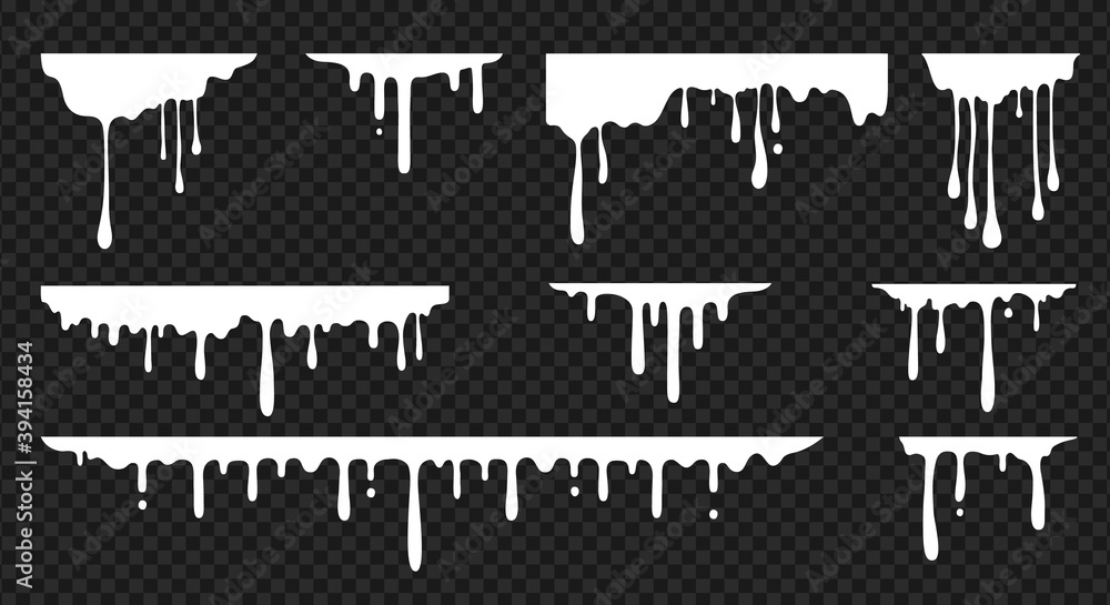 Poster White dripping stain. Realistic melt drips. Liquid texture, horizontal paint splash. Daily products, syrup or sauce blobs. Mockup of flow down effects on transparent background. Vector templates set