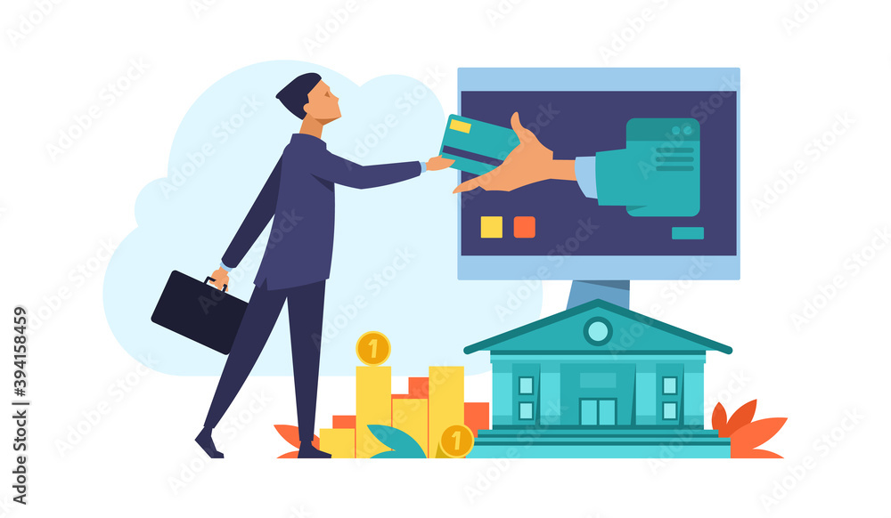 Poster online bank. finance computer or mobile app concept. debit and credit cards, payments or financial t