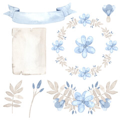 Watercolor set for greeting design of newborn baby boy. Also perfect for printing, web design, scrap paper, souvenirs and other creative ideas.