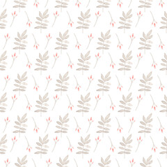 Fototapeta na wymiar Watercolor delicate minimalistic floral pattern with gray twigs and red buds. Ideal for print, textiles, web design, souvenirs, scrap paper, and other creative projects.